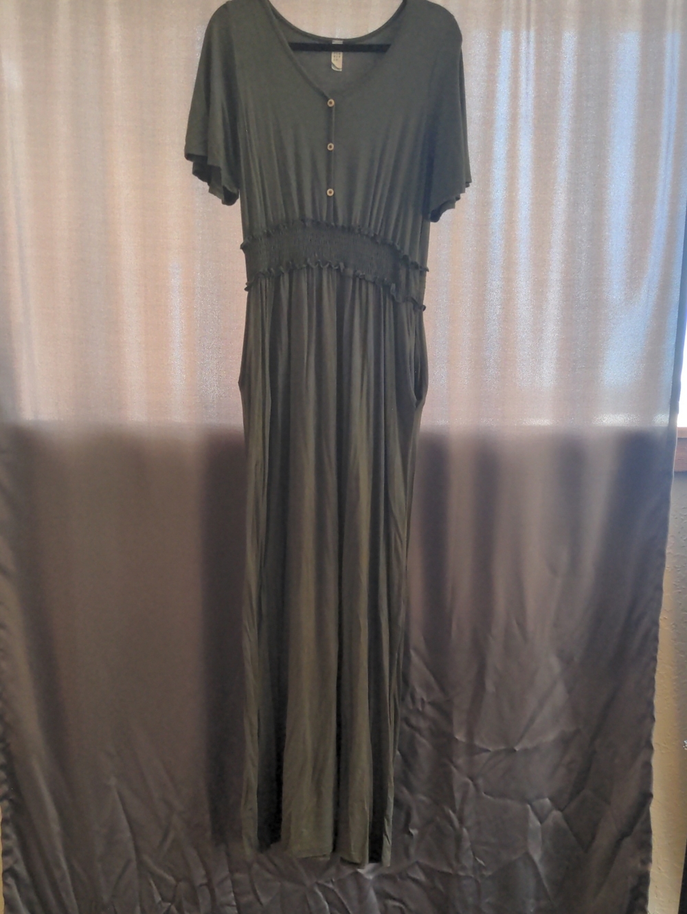 Olive Green Short Sleeve Maxi Dress with Smocked Waist